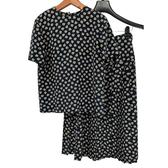 Le Suit Floral Print Pleat Maxi Skirt Set Size 8 Navy & Cream Vintage 1980s - Picture 1 of 11